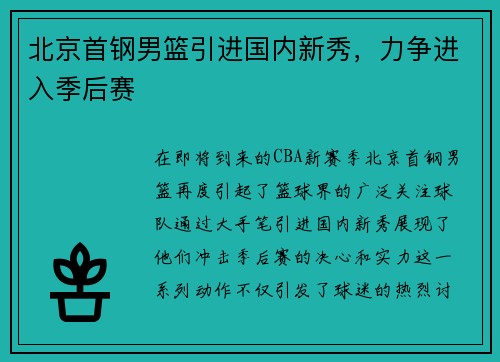 北京首钢男篮引进国内新秀，力争进入季后赛