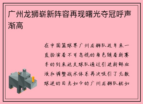 广州龙狮崭新阵容再现曙光夺冠呼声渐高