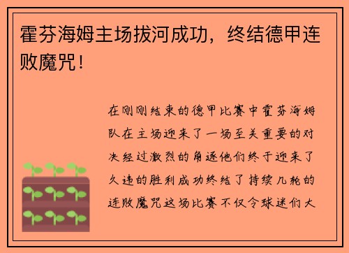 霍芬海姆主场拔河成功，终结德甲连败魔咒！