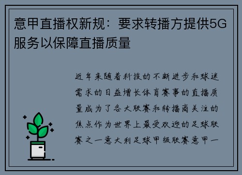 意甲直播权新规：要求转播方提供5G服务以保障直播质量