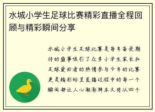 水城小学生足球比赛精彩直播全程回顾与精彩瞬间分享